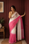 Pure Linen Saree – Handloom Hand Embroidered, White & Pink