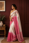 Pure Linen Saree – Handloom Hand Embroidered, White & Pink