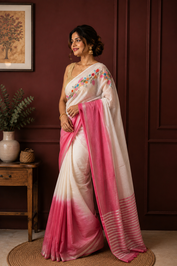 Pure Linen Saree – Handloom Hand Embroidered, White & Pink