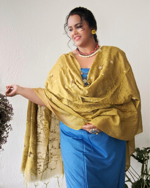 Embroidered Katan Silk Blue & Brown Suit