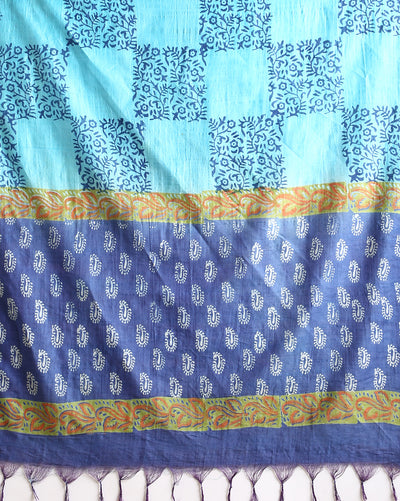 Katan Silk Decorous Blockprint Blue & Green Suit (T+B+D)