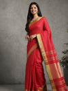 Ornate Handwoven Pure Linen Red Saree