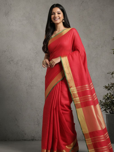 Ornate Handwoven Pure Linen Red Saree