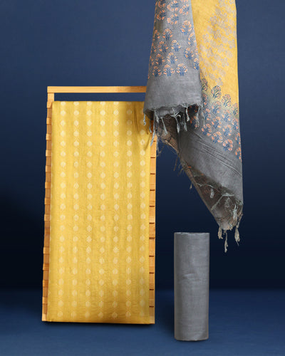 Katan Silk Striking Blockprint Yellow Suit (T+B+D)