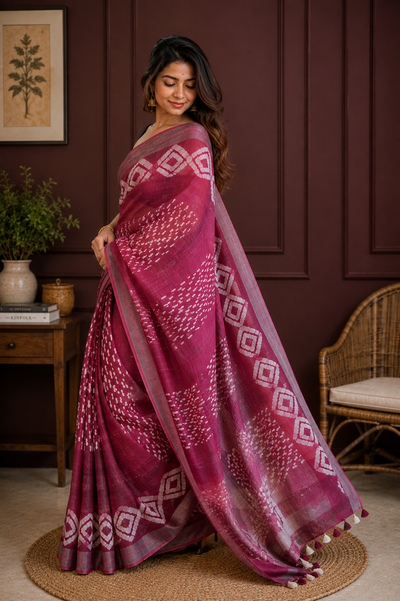 Buy Online Hand-Dyed Slub Linen Batik Saree