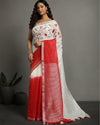 Serene Pure Linen Handloom Saree White & Red Embroidered