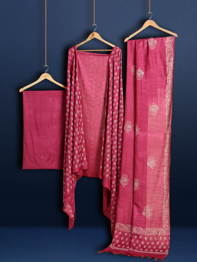 Katan Silk Lustrous Blockprint Magenta Suit (T+B+D)