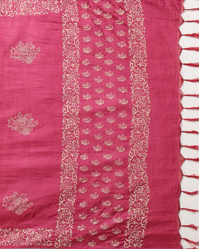 Katan Silk Lustrous Blockprint Magenta Suit (T+B+D)