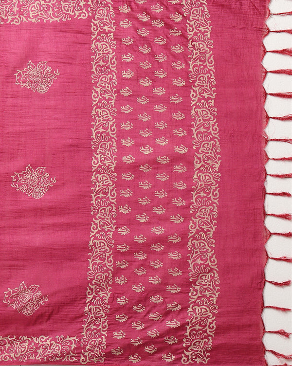 Katan Silk Lustrous Blockprint Magenta Suit