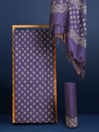 Katan Silk Glowing Blockprint Indigo Blue Suit (T+B+D)