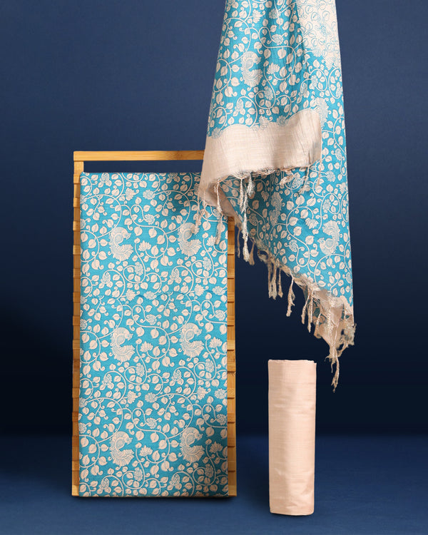 Katan Silk Radiating Blockprint Royal Blue Suit (T+B+D)
