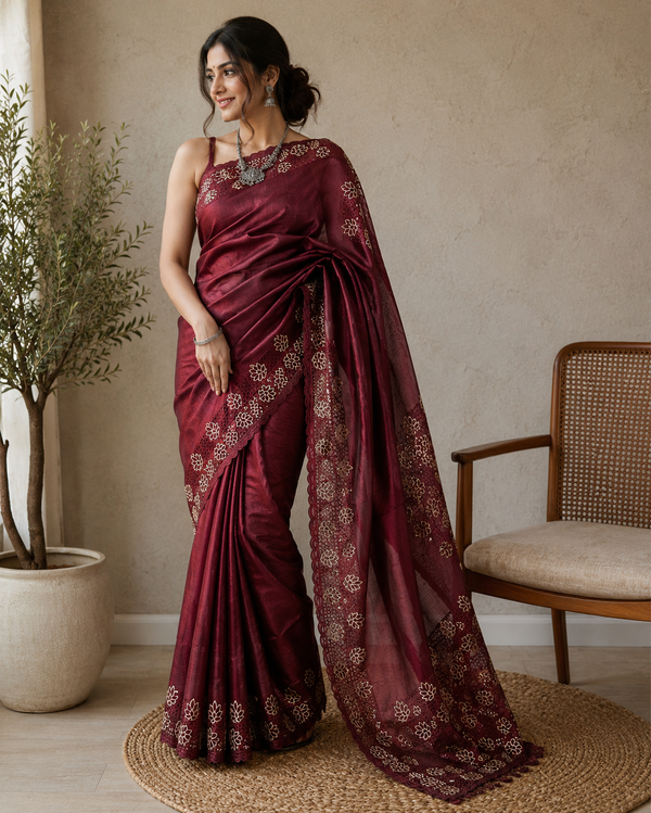 Silkmark Certified Pure Tussar Hand Cutwork Red Color Saree (Tussar by Tussar Fabric) - IndieHaat