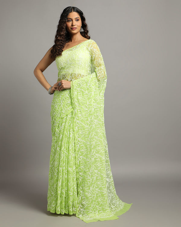 Georgette HandCrafted Saree Moss Green Color Tepchi work with Running Blouse-Indiehaat