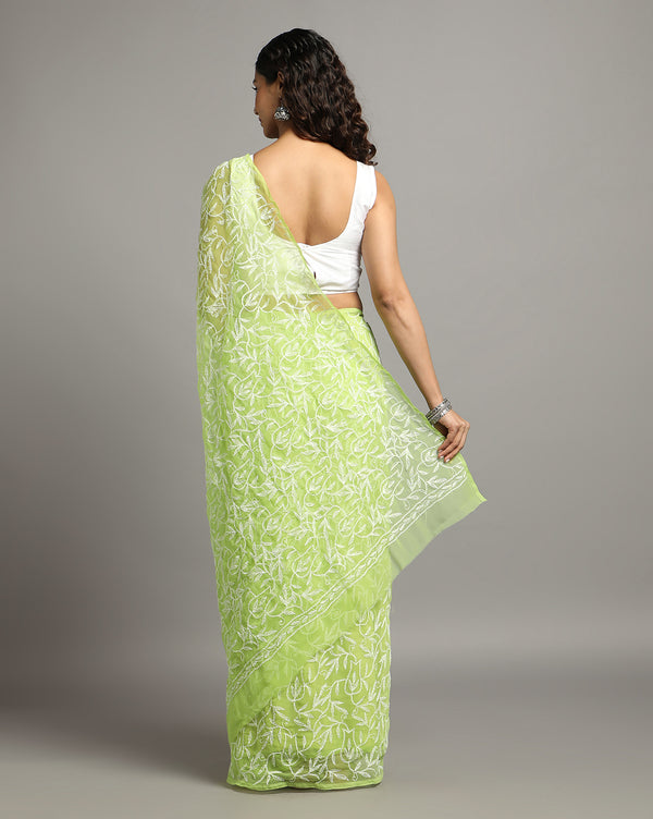 Georgette HandCrafted Saree Moss Green Color Tepchi work with Running Blouse-Indiehaat