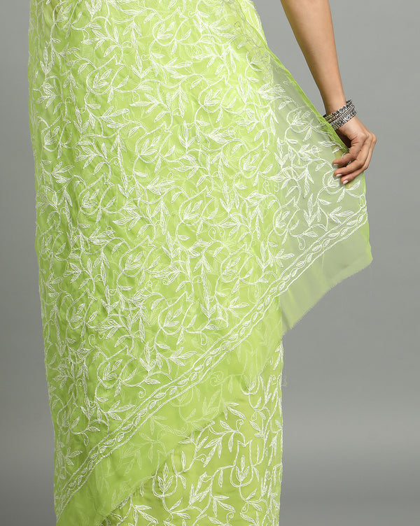 Georgette HandCrafted Saree Moss Green Color Tepchi work with Running Blouse-Indiehaat