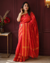 Kota Staple Silk Saree Red Color Madhubani print with running blouse - IndieHaat