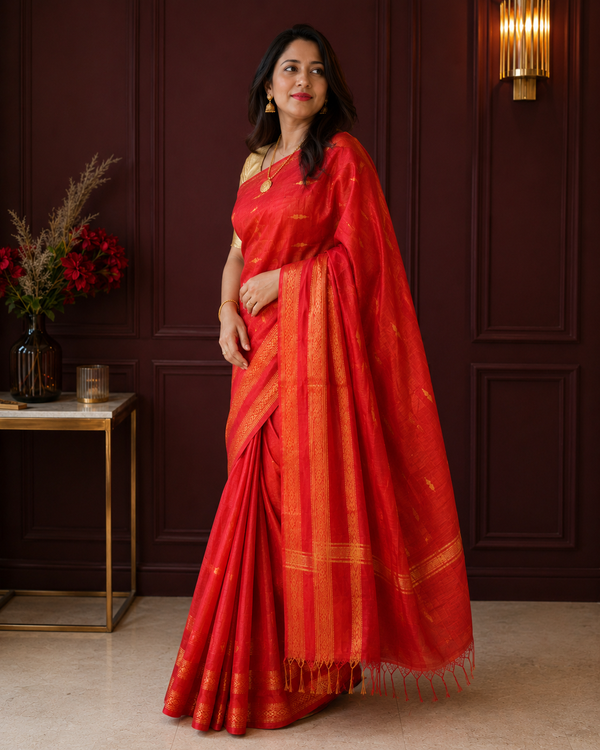 Kota Staple Silk Saree Red Color Madhubani print with running blouse - IndieHaat