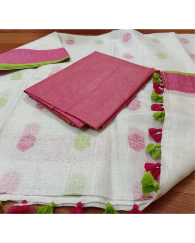 Pure Linen Lucid White Dupatta & Katan Silk Pink Top Set