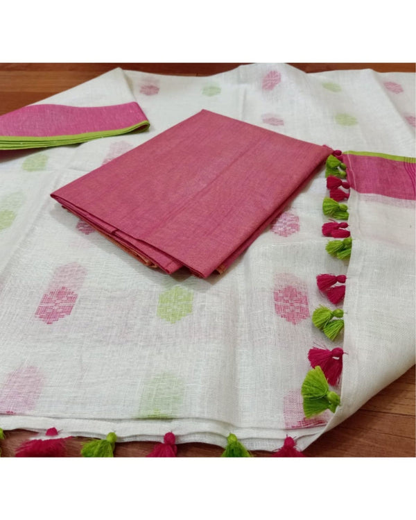 Pure Linen Lucid White Dupatta & Katan Silk Pink Top Set