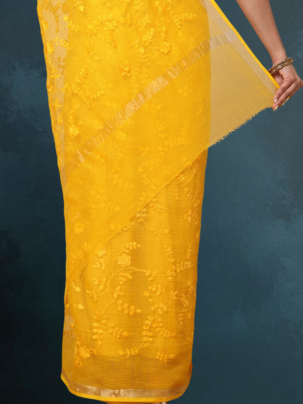 Pure Cotton Kota Doria Saree Yellow Jaal Embroidery