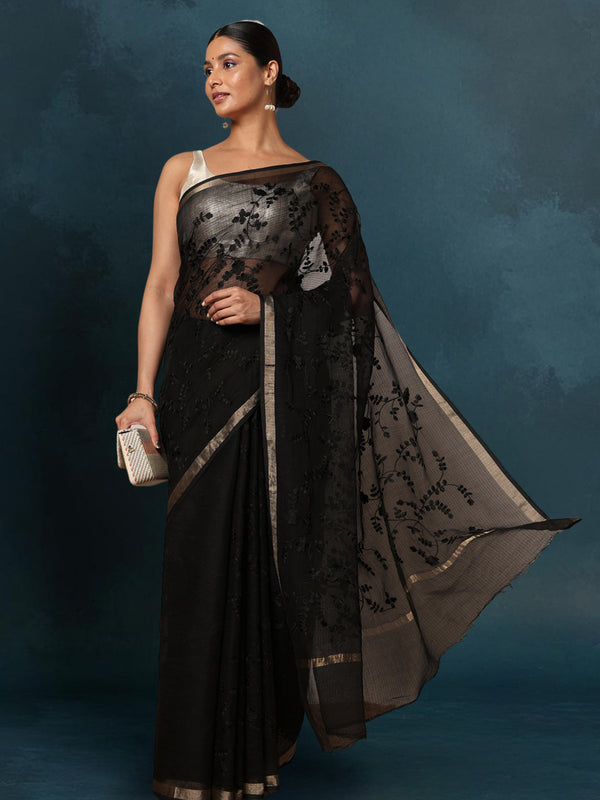 Pure Cotton Kota Doria Saree Black Jaal Embroidery