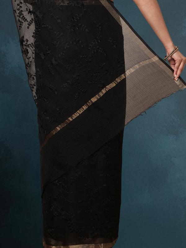 Pure Cotton Kota Doria Saree Black Jaal Embroidery