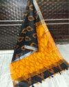 Vivid Ikkat Slub Linen Handloom Black Saree