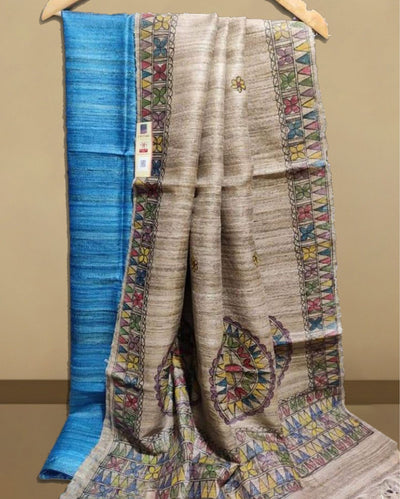 Silkmark Tussar Beige Madhubani Brilliant Dupatta & Blue Top