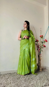 Katan Sap Green Silk Saree Weaving Design with Blouse-Indiehaat