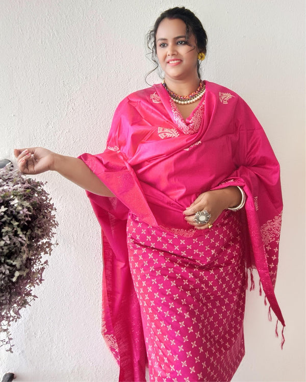 Katan Silk Handblock Printed Suit Piece Pink Color with Bottom and Dupatta Handcrafted-Indiehaat