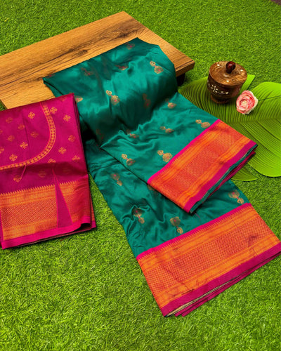 Indiehaat | Paithani Silk Meenakari Buti Embroidery Saree Green