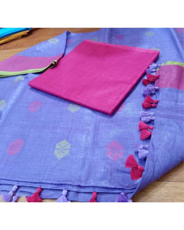Pure Linen Poised Blue Dupatta & Katan Silk Pink Top Set