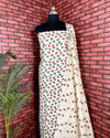 Indiehaat | Khadi Silk Beige Suit Leafy Printed Top+Bottom+Dupatta