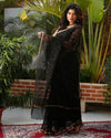 Pure Cotton Kota Doria Saree Black Color Jaal Embroidery with running blouse - IndieHaat