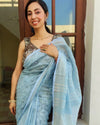 Intricate Pure Linen Embroidered Handloom Blue Saree