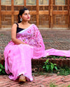 Pure Linen Saree Handloom Hand Embroidered Pink color with attached Running Blouse-Indiehaat