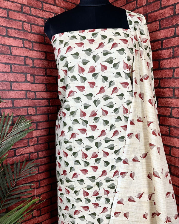 Indiehaat | Khadi Silk Beige Suit Leafy Printed Top+Bottom+Dupatta