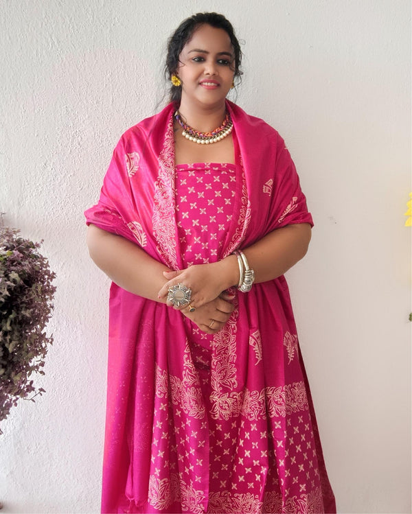 Katan Silk Handblock Printed Suit Piece Pink Color with Bottom and Dupatta Handcrafted-Indiehaat