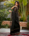 Pure Cotton Kota Doria Saree Black Color Jaal Embroidery with running blouse - IndieHaat