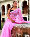 Pure Linen Saree Handloom Hand Embroidered Pink color with attached Running Blouse-Indiehaat