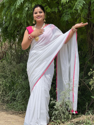Reflective Handwoven Pure Linen White Saree