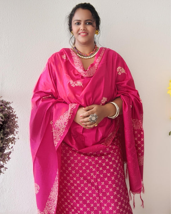 Katan Silk Handblock Printed Suit Piece Pink Color with Bottom and Dupatta Handcrafted-Indiehaat