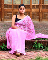 Pure Linen Saree Handloom Hand Embroidered Pink color with attached Running Blouse-Indiehaat