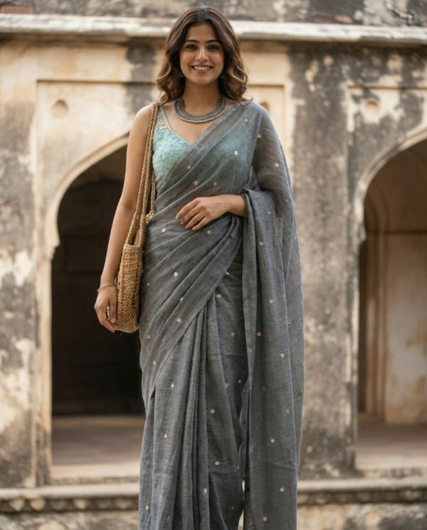Indiehaat | Pure Mul Cotton Sequin Saree Gray