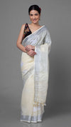 Vivid Pure Linen Embroidered Handloom Off White Saree