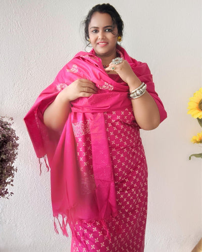Katan Silk Handblock Printed Suit â€“ Pink with Dupatta