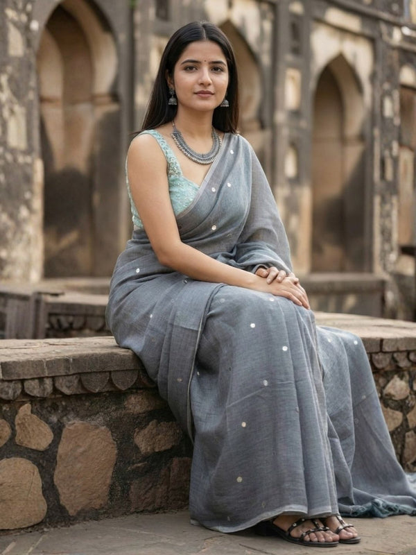 Indiehaat | Pure Mul Cotton Sequin Saree Gray