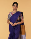 Silk Linen Plain Saree Dark Blue Color with contrast border and attached Running Blouse-Indiehaat