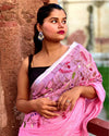 Pure Linen Saree Handloom Hand Embroidered Pink color with attached Running Blouse-Indiehaat