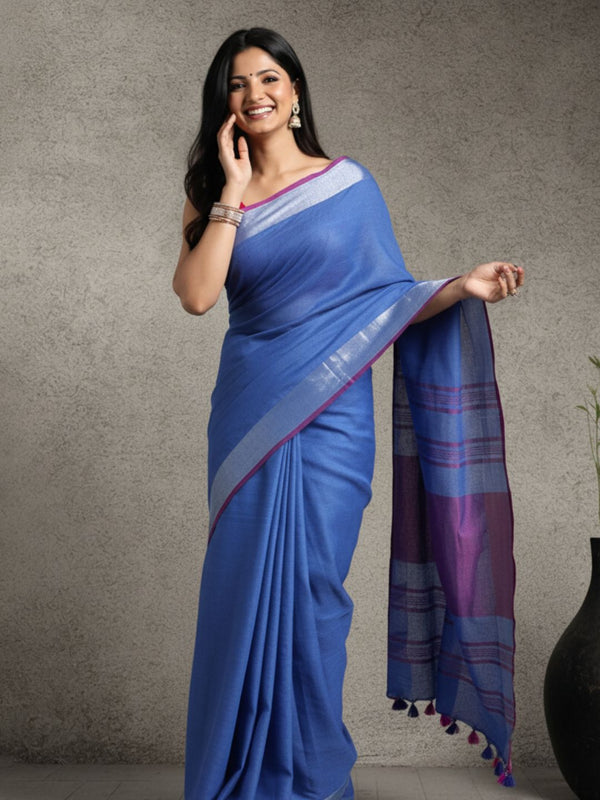 Pastoral Handwoven Pure Linen Ink Blue Saree